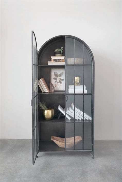 black steel and glass cabinet|black arched storage cabinet.